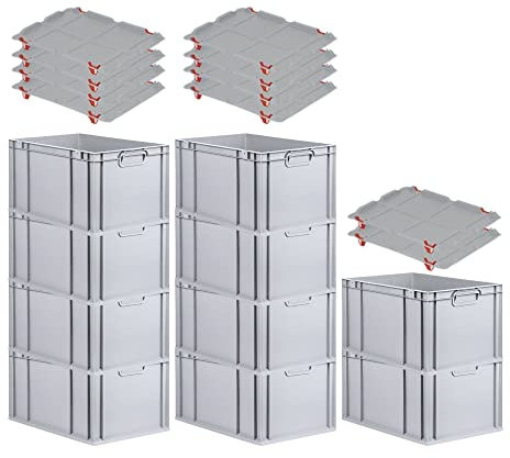 PROREGAL SparSet 10x Eurobox NextGen Grip mit Auflagedeckel & 4 roten Schiebeschnappverschlüssen, HxBxT 32x40x60cm, 65 L, Grau, Griffe geschlossen, Eurobehälter, Transportbox