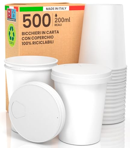 500 Bicchieri in Carta Bianchi 200ml con Coperchio in carta Ecologici Biodegradabili Monouso Made in Italy da Asporto Bevande Calde Acqua + 500 coperchi - Prodotto e confezionato in Italia