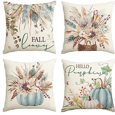 Artoid Mode Sonnenblumen Blätter Vase Blau Kürbisse Herbst Kissenbezüge 4er Set, 45x45 cm Zierkissenbezug Cushion Cover Couch Wohnzimmer Deko