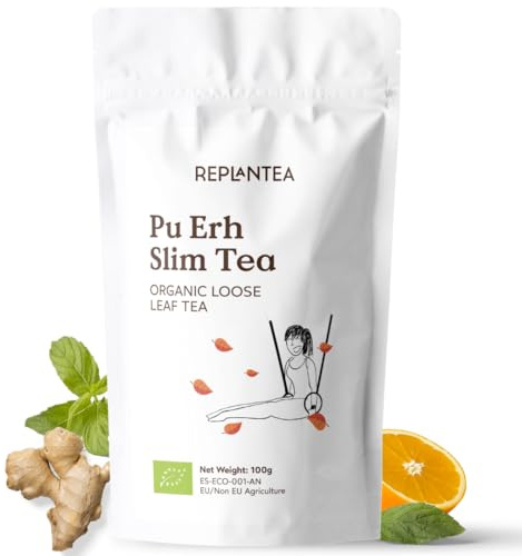 TE PU ERH SLIM 100% BIO 100g (50 Tazze) | Tè Rosso Pu Erh Bio con Zenzero, Arancia, Tè Verde, Tè Matcha, Mate | Delizioso Caldo e Freddo REPLANTEA