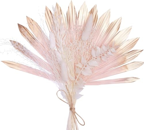 The Baked Studio - Boho Dried Flower Cake Topper Set With Pink & Gold Sun Palm Leaf Leaves & White Dried Flowers For Cake Decorating (Classic Set)