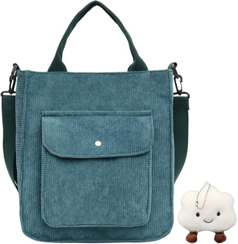 1 stück grüne Cordtasche, mit 1 Plüsch-Wolkenanhänger, Retro-Handtasche, einfache Umhängetasche, Umhängetasche mit großem Fassungsvermögen, tragbare Freizeittasche, geeignet für Reisen und Einkaufen