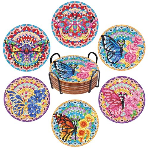 Valdivia Diamond Painting Untersetzer mit Halter, 6er Schmetterling Diamond Art Painting für Erwachsene Kinder Anfänger, kleine Diamant-Malsets, Kreativ Bastelbedarf und Heimdekoration Geschenke