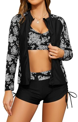 SHEKINI Frauen 3-teilige Rash Guard Langarm Badeanzüge mit Kordelzug Kurz (Schwarzdruck, Medium)