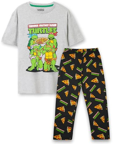 Teenage Mutant Ninja Turtles Herren Pyjama-Set | Erwachsene Graues Distressed Pizza Party Kurzarm-Grafik-T-Shirt & Allover-Print Lange Beinhosen Pyjamas | TMNT Classic 90er Jahre Merchandise-Geschenk
