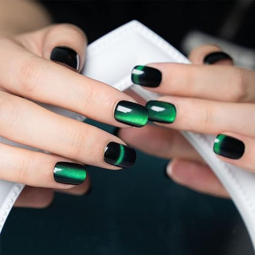Generic Stiletto Press on Nails, 24pcs (Green, blue) - Cat's Eye French False Nails, Glitter, Full Cover, Shimmery Finish