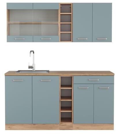 Vicco Singleküche R-Line, Blau-Grau/Goldkraft Eiche, 160 cm ohne Arbeitsplatte