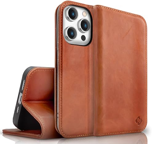 NALIA Echt-Leder Flipcase kompatibel mit iPhone 15 Pro Hülle, Rindsleder Schutzhülle Handgefertigt Lederhülle RFID-Schutz, Standfunktion Kartenfächer Klappbar, Klapphülle, Farbe:Braun