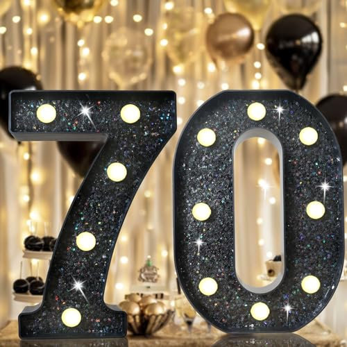 8.8 Decorative LED Light Up Numbers, Glitter Marquee Numbers Lights for 70th Birthday Decorations, Shiny Lighted Number Sign for Birthday Party Wedding Anniversary Home Decor, Glitter Black 70