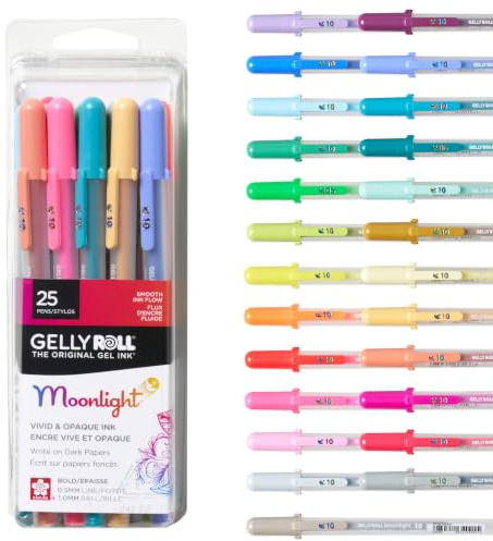 SAKURA Gelly Roll Moonlight Gelstifte, Größe 10, sortiert, 25 Stück | 25 lebendige Farben, kräftige Tinte, Stifte für Journaling, Kunst, Kalligraphie und Zeichnen, deckend, cremig glatt