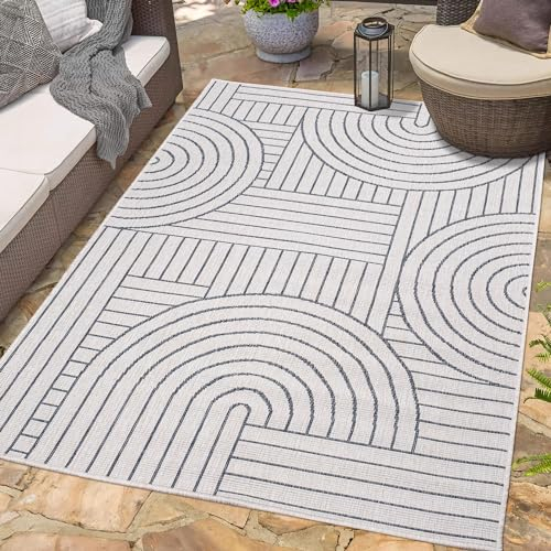 carpet city Outdoor Teppich Wetterfest 200x290 cm - Creme-Grau - Wendeteppich, Beidseitiges Geometrisches Muster - Balkonteppich Wasserfest Outdoor - Terrassenteppich