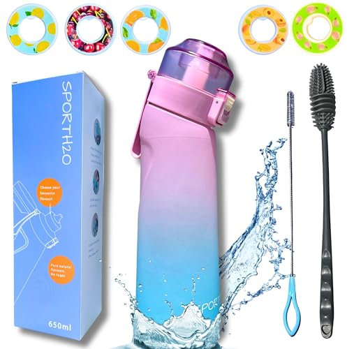 SPORTH2O Air Water Bottle 650ml - Wasserflasche mit 5 Duftkapseln, 0% Zucker, BPA-frei, Becher mit Flasche & Strohhalmbürsten | geeignet für Outdoor | Sport | Geschenkidee (neuer Farbverlauf Rosa/Blau