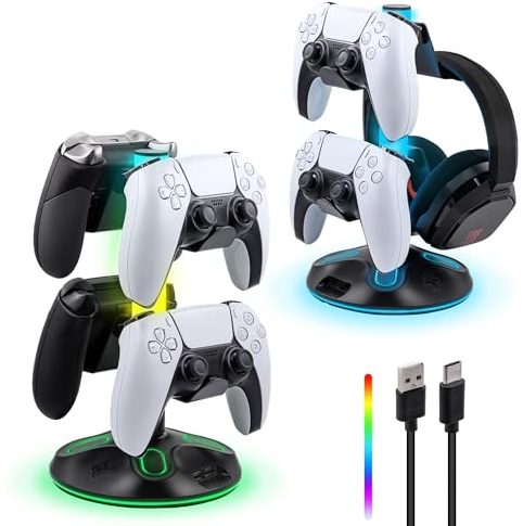 Tolesum RGB Gaming Kopfhörer Ständer mit 9 Lichtmodi,Controller Halter Schreibtisch,Headset Halterung mit 2 USB Anschlüssen, LED Headphone Stand für PC Gamer PS5 Xbox Gaming Zubehör