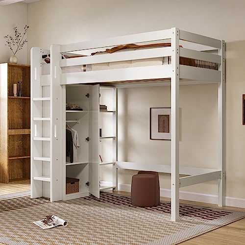MYBOO Etagenbett Kinderbett 90x200, Hochbett für Kinder, Multifunktionsbett mit Kleiderschrank&6 Regalen&Fallschutzgitter&Lattenrost, Kinderhochbett Stockbett Hausbett Bettgestell, Massivholz, Weiß