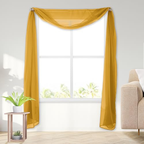 Elegant Comfort Lightweight Sheer Voile Window Scarf Valance - 216 Inch Long - 1 Panel Long Sheer Curtain for Living Room, Event Decor, Bedroom, (1 Piece) 55 X 216'' Long, Gold