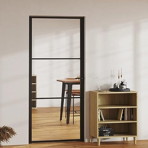 Homgoday Porte intérieure en verre ESG et aluminium noir 93 x 201,5 cm Porte coulissante en verre sans travaux Porte coulissante moderne pour salon 2 barres horizontales