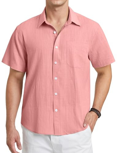 HISDERN Camicia Lino Uomo Manica Corta Estiva Elegante Camicie per Spiaggia Vacanza Lavoro Regular Fit Rosa Corallo L