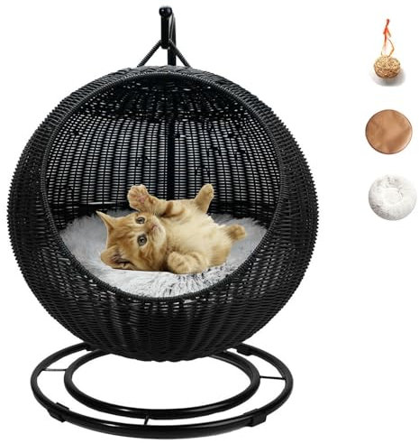 AFIONA Cat Swing Bed with Stand & Cushion, Cat Egg Chair with Rattan Wicker Appearance, Indoor Hanging Swinging Cat Bed for Cats, Small Dogs, and Small Animals(Black)