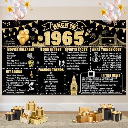 Happy 60th Birthday Decoration Black Gold Back In 1965 Banner Poster 60th Birthday Banner 60s Party Decorations 60 Years Anniversary Home Decor For Women Men