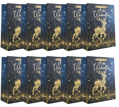 Idena 30495-10 - Geschenktüten Frohe Weihnachten, 10 Stück, Geschenktaschen in der Größe 18 x 23 x 8 cm, Papiertüten in Schwarz und Gold