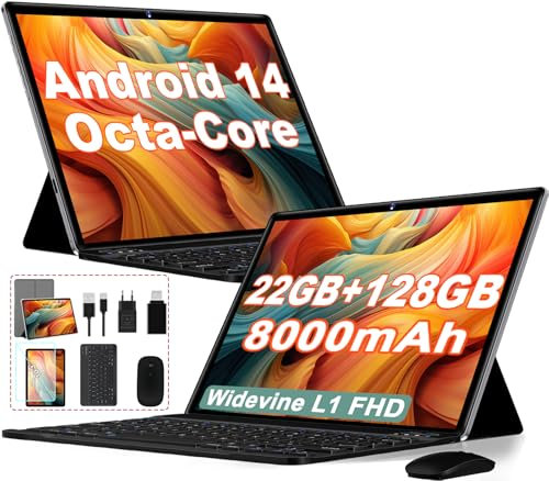 Tablet Android 14, 10 Pouces, 22Go RAM 128Go ROM/TF 1TB Extensible, HD Écran IPS, WiFi 5G, Octa-Core, 8000mAh, BT5.0, 8MP+5MP, Corps métallique, Tablette Tactile avec Clavier, Souris-Gris