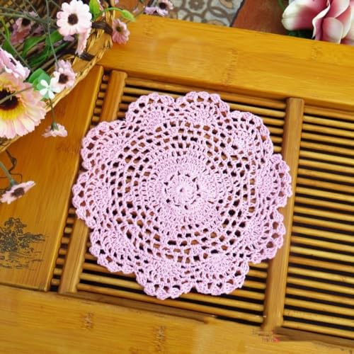 Blausky 4 Stück Runde Bestickte Tischmatte,Häkeldeckchen,Spitzendeckchen Tischset Kleine Häkeln Tischläufer Baumwolle Untersetzer,Tischdecken für Tassen Schalen Teller Vasen Antike,20 cm,Hellrosa
