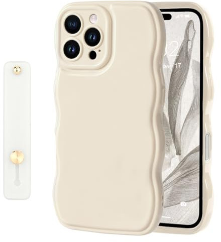 NITITOP Compatible with iPhone 16 Pro Max Case Cute Simple Wave Design Stylish Wavy Curly Frame with Wrist Adjustable Hand Strap Kickstand Grip Holder Soft Silicone Protective Cover-White