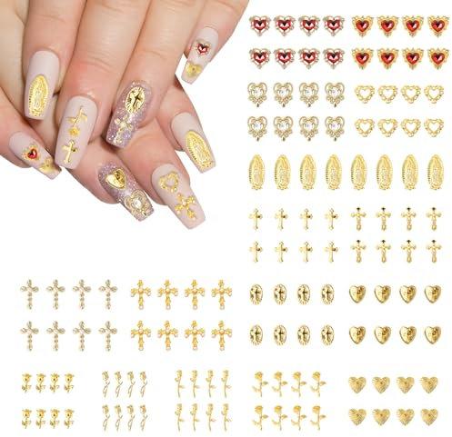 128 Pcs Gold Nail Charms,Nail Gems for Nail Art, Cross, Rose,Hearts, Virgin Mary Nail Gems and Charms，Y2K 3D Nail Decorations (128)