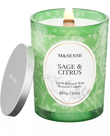 M&SENSE Duftkerze Salbei Zitrus, Duftkerzen im Glas Groß 510g, 100h Lang Brennende, Holzdocht Kerzen, Sojawachs Kerzen mit Duft, Knisternder Docht Kerze für Schlaf, Meditation & Stressabbau