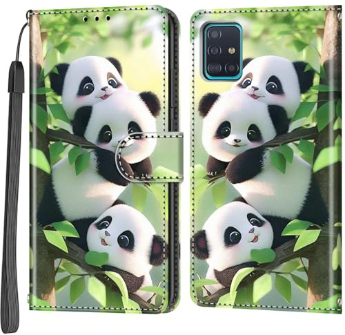 Haninsuze Handyhülle für Samsung Galaxy A51 4G, Panda | Magnetisch, Stoßfest, Kartenfächer, Flip PU Leder, Brieftasche Schutzhülle, Ständer Klapphülle
