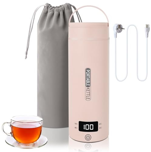 Small Electric Travel Kettle, 500ML/300W Portable Kettle Mini 316 Stainless Steel Water Cup, Automatic Shut-off Heating, with Reversible Lid for Tea, Coffee, Baby Milk (Pink)