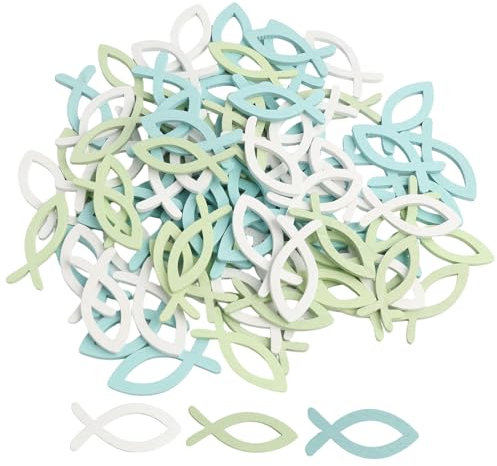 90 PCS Tischdeko Konfirmation, 4cm, 3 Farben (Weiß, Blau, Grün), Kommunion Taufe Tischdeko, Holz Fische Deko, Ideal Für Jungen Und Mädchen, Streudeko Für Festlichkeiten