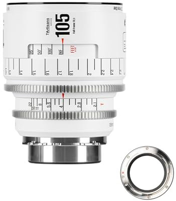 Obiettivo cinematografico manuale professionale full frame 7artisans 105 mm T2.1 serie Infinte, compatibile con attacco PL per fotografia e riprese video, bianco