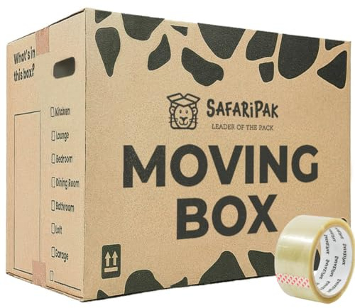 SAFARIPAK - 15 Pack Strong Large Reusable Cardboard Storage Packing Moving House Boxes 52cm x 30cm x 30cm with Carry Handles and Room List Checkboxes - 47 Litres Capacity - Inc. 66m Roll of Tape