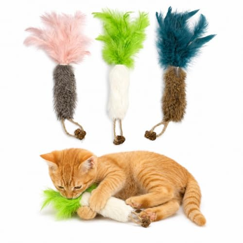 Katzen Spielzeug Set – 3er Set Karotten-Design mit echtem Kaninchenfell und natürlichen Federn – Interaktives Katzenspielzeug mit Gallenfrucht zur Stressreduktion – Ideal als Indoor Katzen Spielzeug