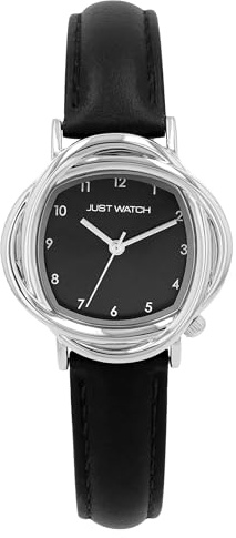 Just Watch Damenuhr Antoni mit Lederband, kurviges Gehäuse, schwarz/silberfarben