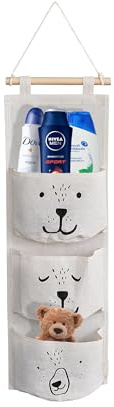 hausleben - Wandorganizer mit 3 Taschen aus Stoff mit Tiermotiven – Aufbewahrung für Badezimmer & Kinderzimmer – Baumwolle & Holz – für Spielzeug, Badezubehör – Beige Bärendesign - 58x20 cm