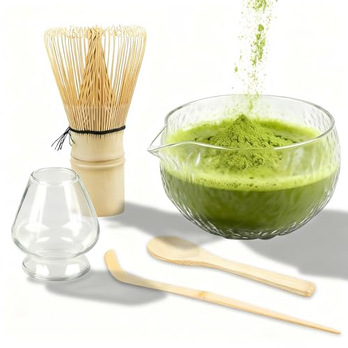 Matcha Set 5-teilig, Chasen, Löffel, Glas-Schale mit Ausguss, Besenhalter & Teelöffel, Matcha Schneebesen Set Japanische Teezeremonie-Set für Matcha-Liebhaber Einsteiger, Transparentes Glas