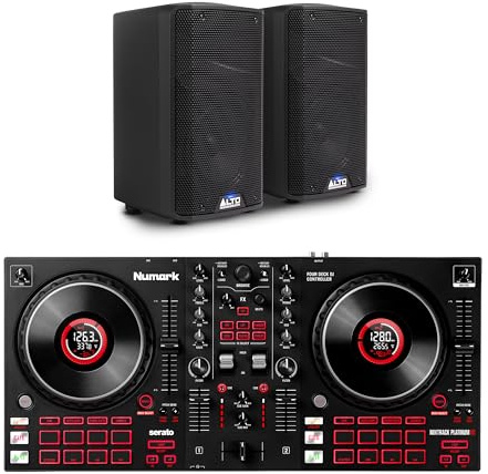 Numark Mixtrack Platinum FX DJ Controller and ALTO TX408 Powered PA Speakers Pair for Live Music, DJ sets, Events, Music production
