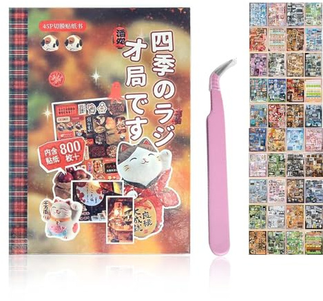 Japanese Manga Style Sticker Book + Tweezer, 45 Pages Japanese Manga Sticker with 800+ Reusable, Creative DIY Handbook Material Decorative Stickers Stickers for Scrapbooking, Journals (1Set-C)