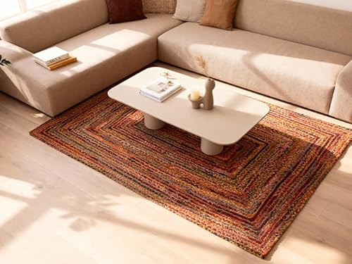 Craft Trade Bunt Waschbarer Boho Jute Teppich Reversibel Geflochten Handgewebt Rechteckig Flickenteppich für Küche Wohnzimmer und Schlafzimmer- 120 x 180 cm