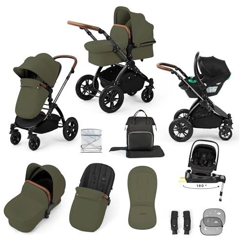 Ickle Bubba Stomp Luxe 12pc Travel System with i-Size Nimbus Car Seat & 180° Spin ISOFIX Base (Woodland/Tan, Black Chassis) – Convertible Configurations, Birth to 22kg (Approx. 4 Years)