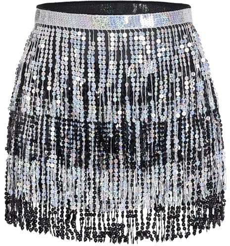 Glitzer Damen Rock Pailletten Rock Bauchtanz Kostüm Mini Rock Cowgirl Tanzkleid Rave Outfit Hüfttuch Kostüm für Damen Mädchen (DE/NL/SE/PL, Alphanumerisch, M, Regular, Regular, Schwarz Silber)