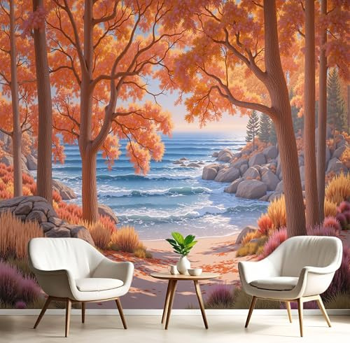 WIVCOMD Style Anime Papier peint Forêt D'Automne Réaliste Motif – Jaune Brunâtre Papier peint panoramique en soie mural scandinave pour différentes pièces, 250 x 175 cm