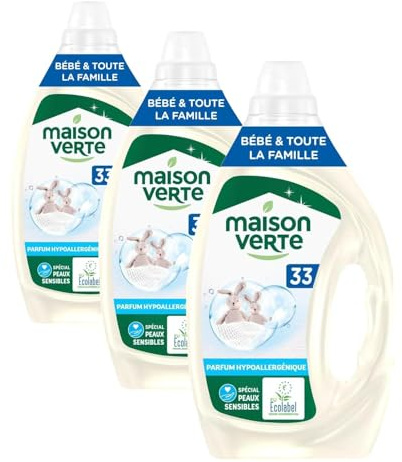 Maison Verte, Sensitive, Lessive liquide, Famille & Bébé, Lessive Détachante, Parfum hypoallergenique, Efficace des 20°C, Special peaux sensibles, Sans conservateurs, Avec 5 enzymes actives,33 lavages
