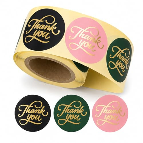 Thank You Aufkleber 40 mm Rund Matt 250 Stk – Selbstklebende Etiketten mit Goldschrift – Rosa Grün Schwarz – Für Geschenkverpackung, Versand, Handmade