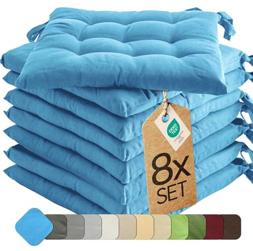 etérea Basic Sitzkissen 40x40 cm 8er Set mit Bändern Hellblau | Mit Bändern · Fest gepolstert · Indoor & Outdoor · 30°C waschbar · 55% Baumwolle, 45% Polyester · OEKO-TEX Made in Green
