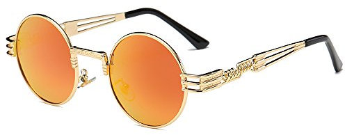 BOZEVON Retro Steampunk Style inspiré Round Metal Circle Lunettes de soleil pour femmes et hommes, Or-Orange miroir