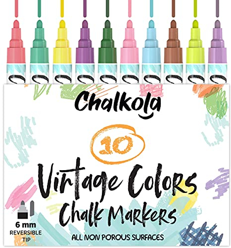 Chalkola Vintage Kreidestifte für Tafel Abwaschbar - 10 Kreidemarker Pastell 6mm Umkehrbare Spitze | Kreide Stift für Fenster, Tafel, Keramik & als Glasstift. Chalk markers für Erwachsene & Kinder