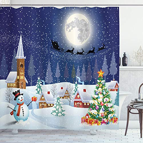 ABAKUHAUS Weihnachten Duschvorhang, Winterlandschaft, Stoffliches Gewebe Badezimmerdekorationsset mit Haken, 175 x 240 cm, Elfenbein Blau